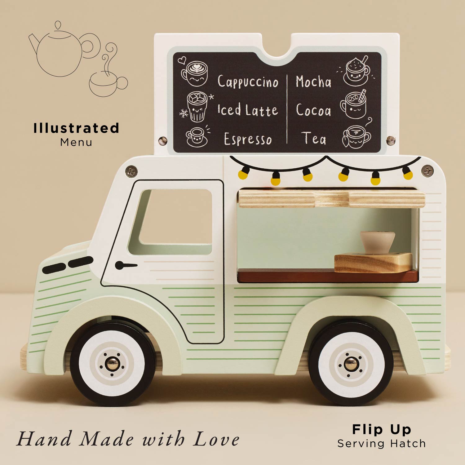 Toy food truck with illustrated menu on a beige background