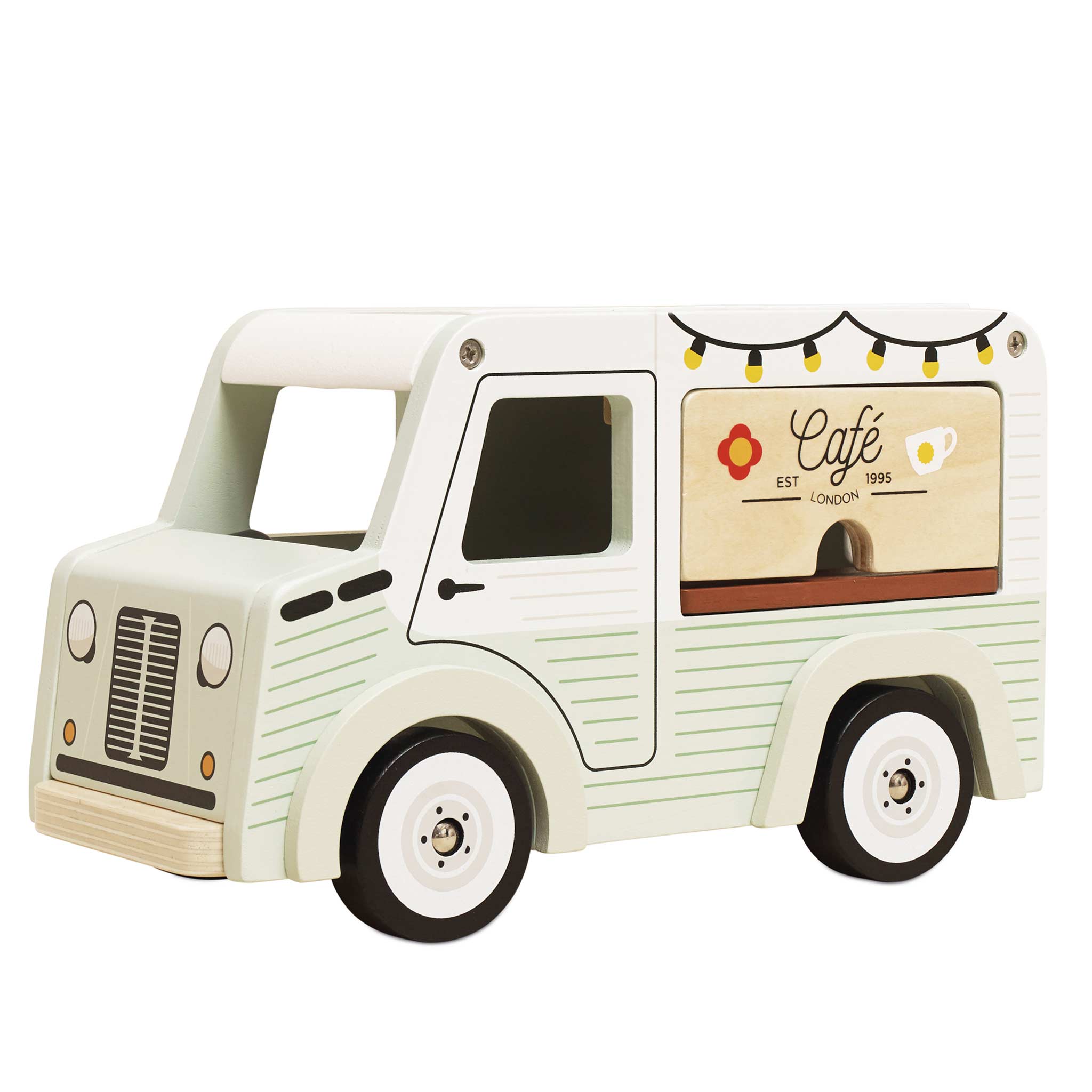 Toy ice cream truck with a 'Cafe' sign on a white background