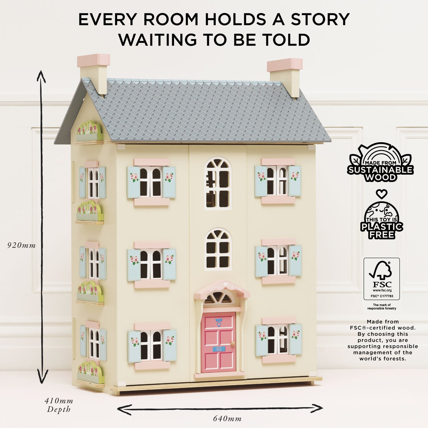 Cherry Tree Hall Wooden Dolls House | Four Storey Dollhouse | Le