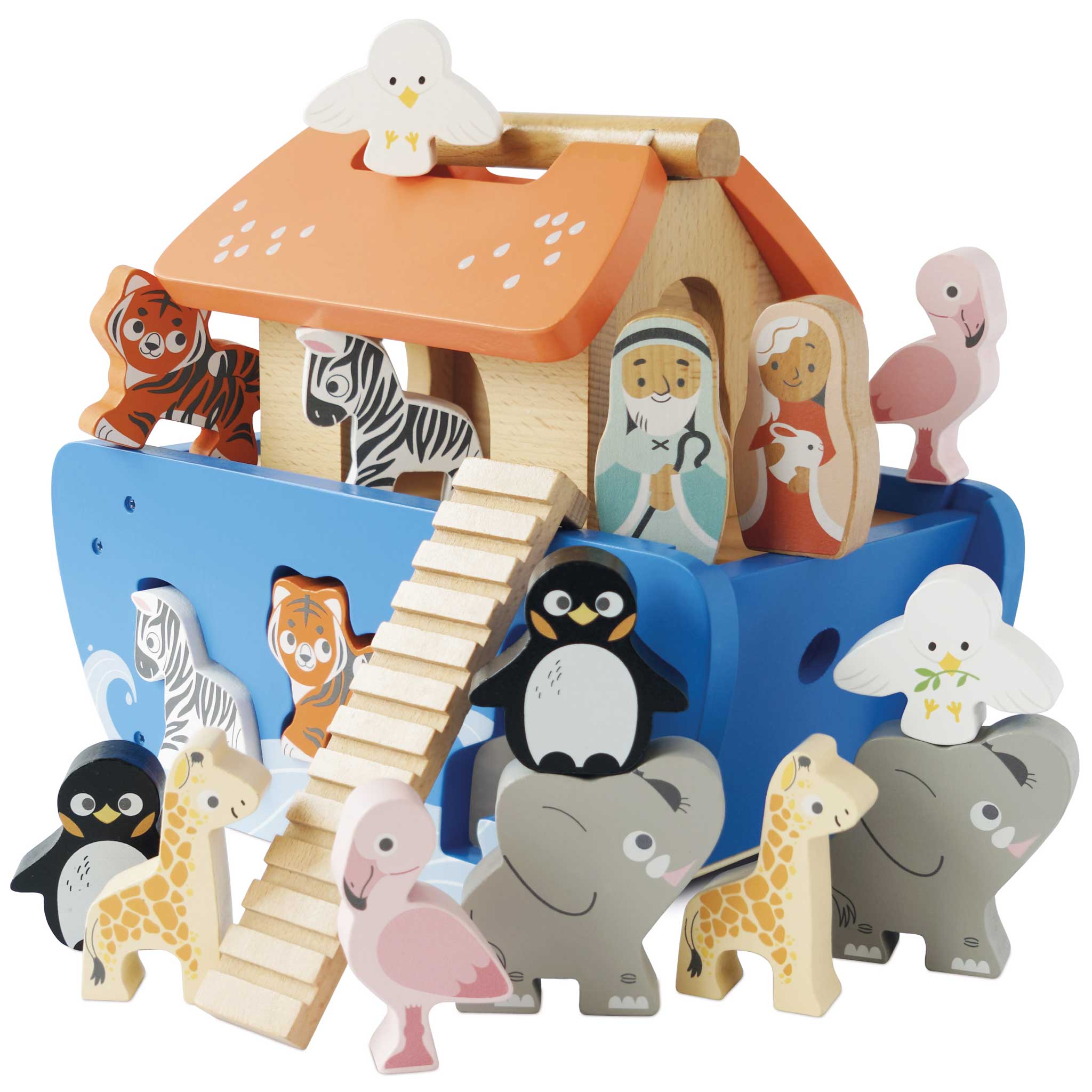Wooden Noahs Ark Toy Set with 14 Wooden Toy Animals –