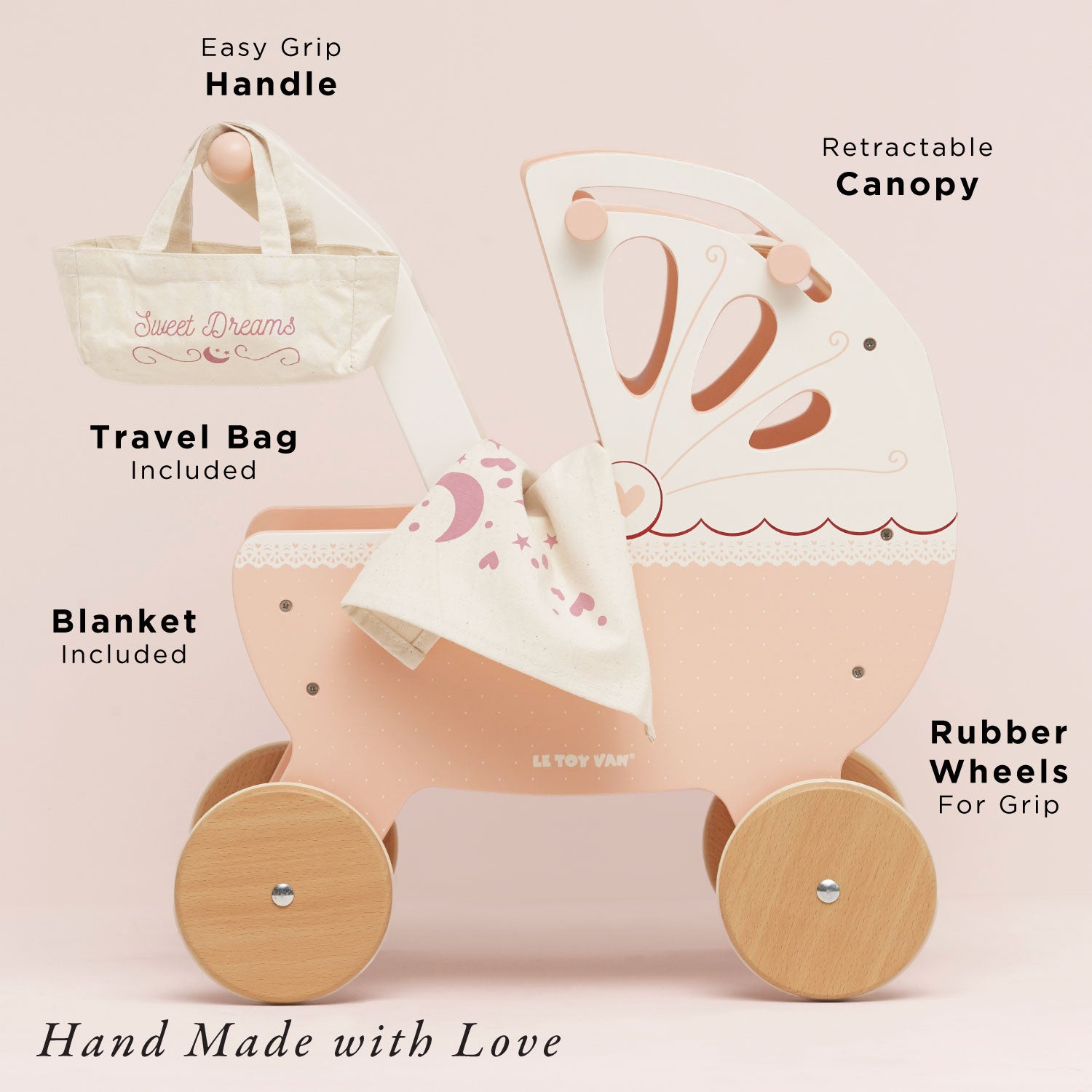 Retro Wooden Doll Pram | Imaginative Roleplay Toy from Le Toy Van Inc.